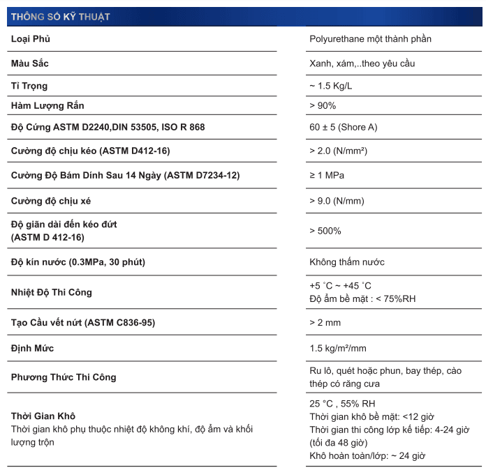 Thông số kỹ thuật của chống thấm Polyurethane 1 thành phần